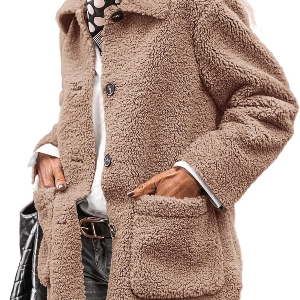 Women's Winter Faux Fur Coats Long Sleeve Lapel Button Down Pockets Fleece Sherp